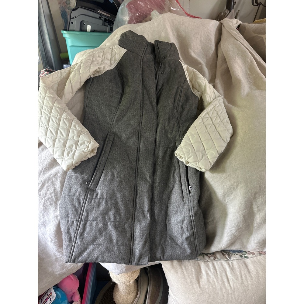 Prana Diva Long Jacket Womens XS Gray Herringbone Cream Quilted Primaloft Coat